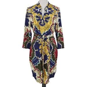 Trulli Dress Womens Large Blue Gold Red Stretch Knit Belt Pullover Career